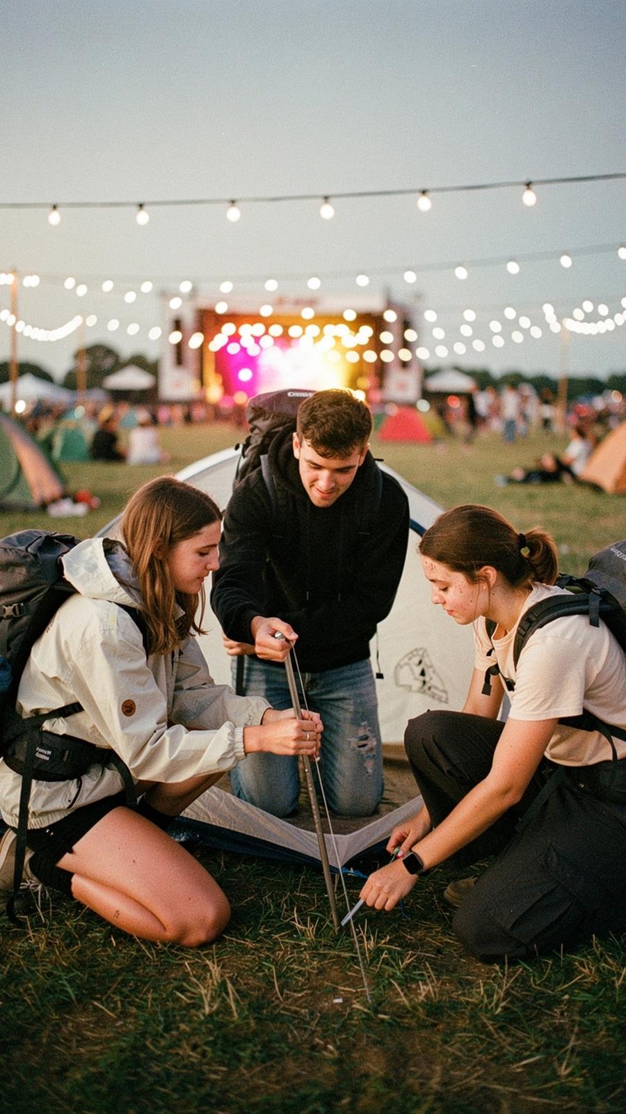 Young travelers with backpacks setting up camp on a festival field at dusk