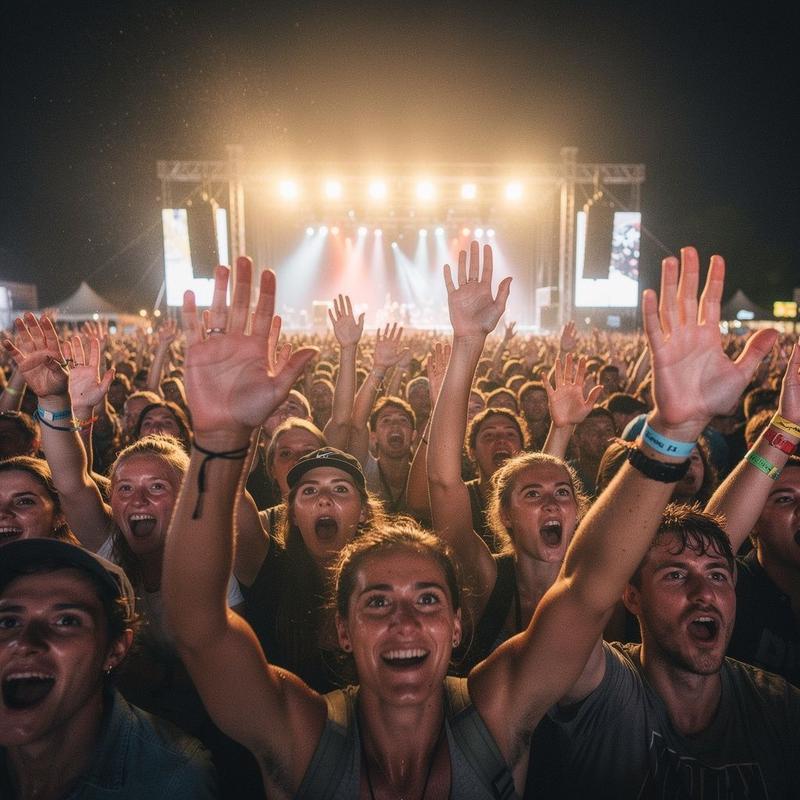 Festival crowd dancing in front of a lit stage at night